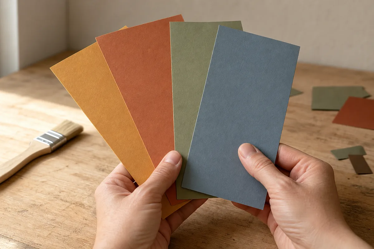 Mains disposant des échantillons de papier colorés en éventail sur un plan de travail en bois clair