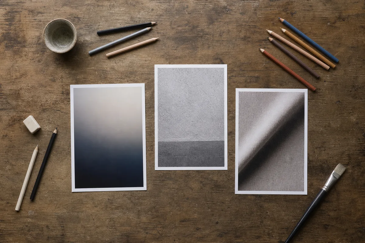 Vue de dessus d une table d atelier avec tirages photographiques abstraits alignés en grille et crayons de couleur