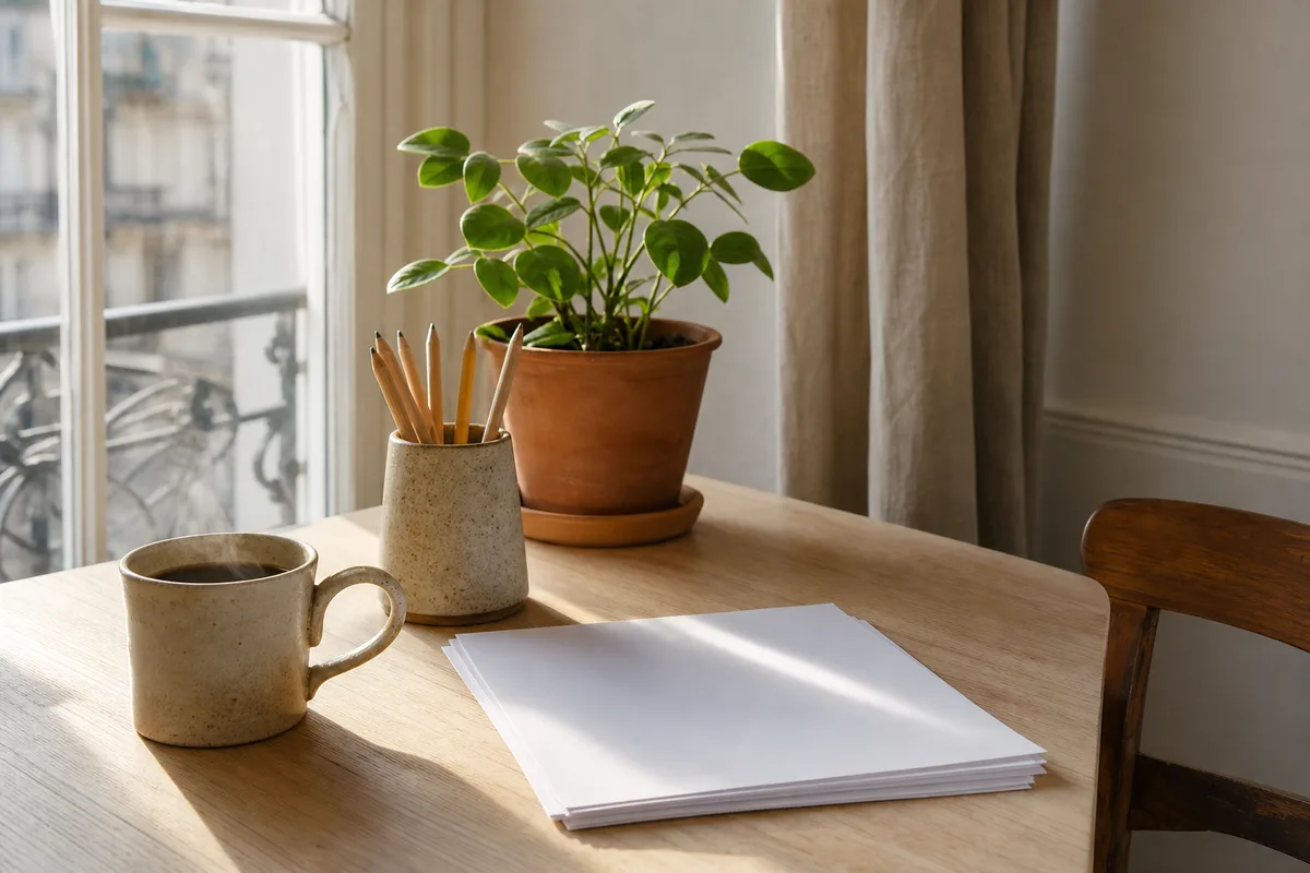 Espace de travail lumineux avec tasse en céramique, pot à crayons et plante verte près d une fenêtre