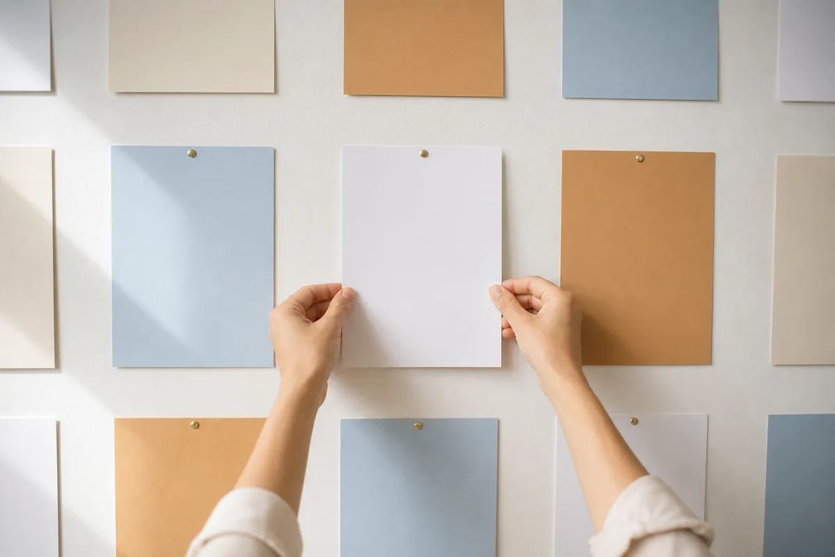 Mur d atelier avec feuilles de papier uni épinglées en grille, mains ajustant une feuille au centre