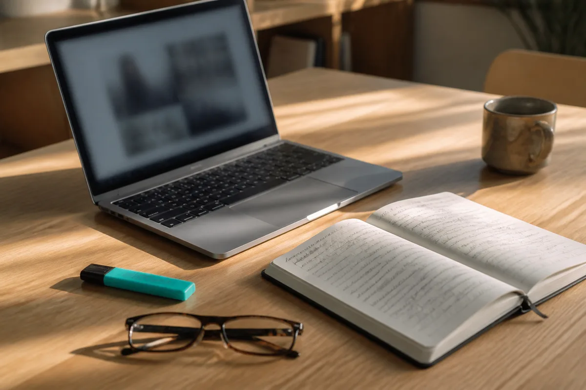 Salle de travail à distance avec ordinateur portable ouvert sur une plateforme de cours et carnet de notes