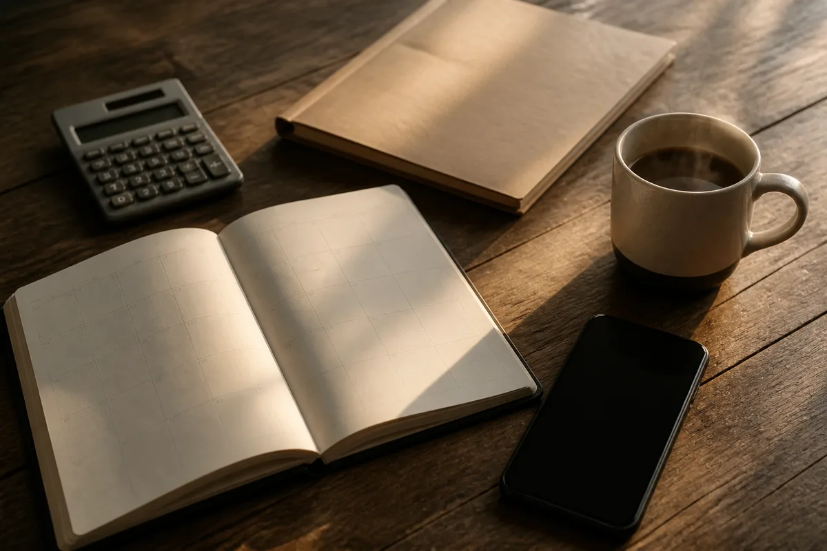 Espace de travail d&rsquo;un indépendant avec agenda ouvert, calculatrice et tasse de café sur bureau en bois