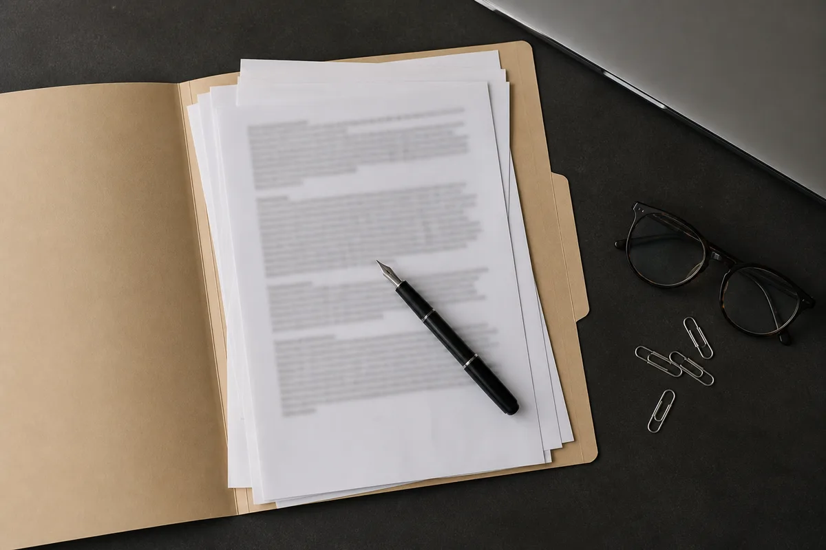 Documents de validation d&rsquo;expérience professionnelle posés sur une table avec stylo et lunettes de lecture