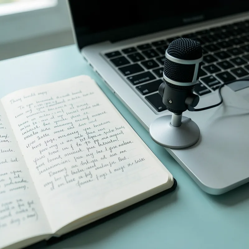 Bureau clair avec ordinateur portable, carnet de notes annoté et micro de studio posé sur un support