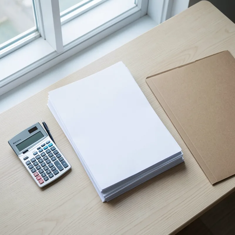 Documents administratifs, calculatrice et stylo disposés sur une table de travail en bois près d&rsquo;une fenêtre