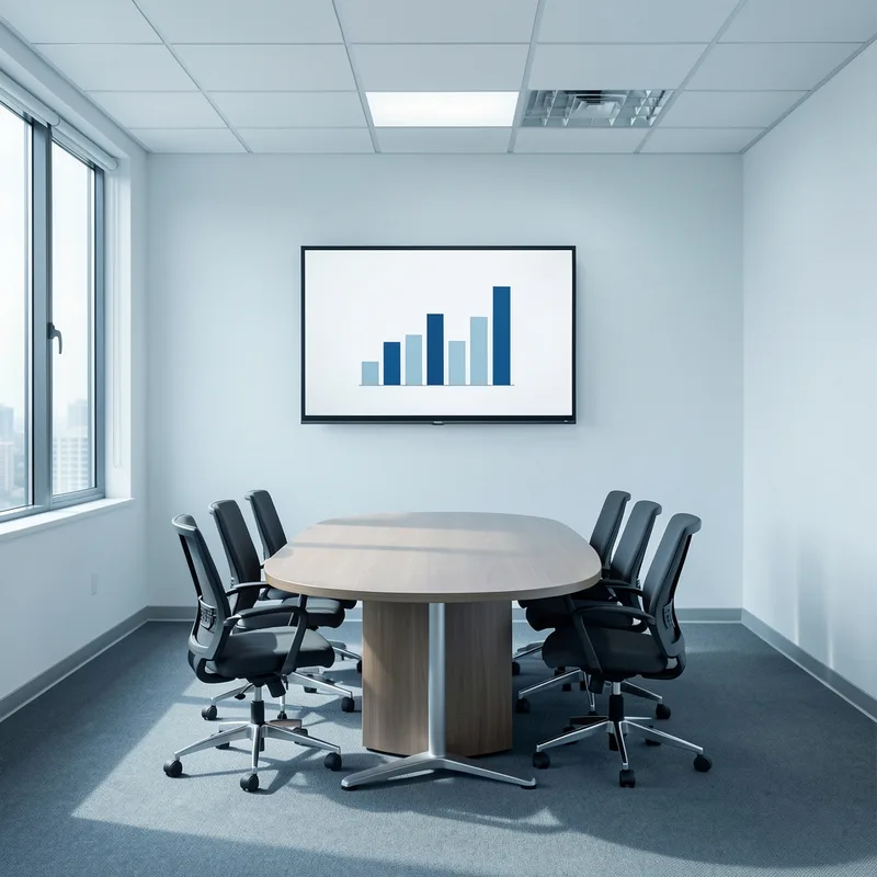Salle de réunion avec écran affichant un graphique et sièges vides autour d&rsquo;une table ovale