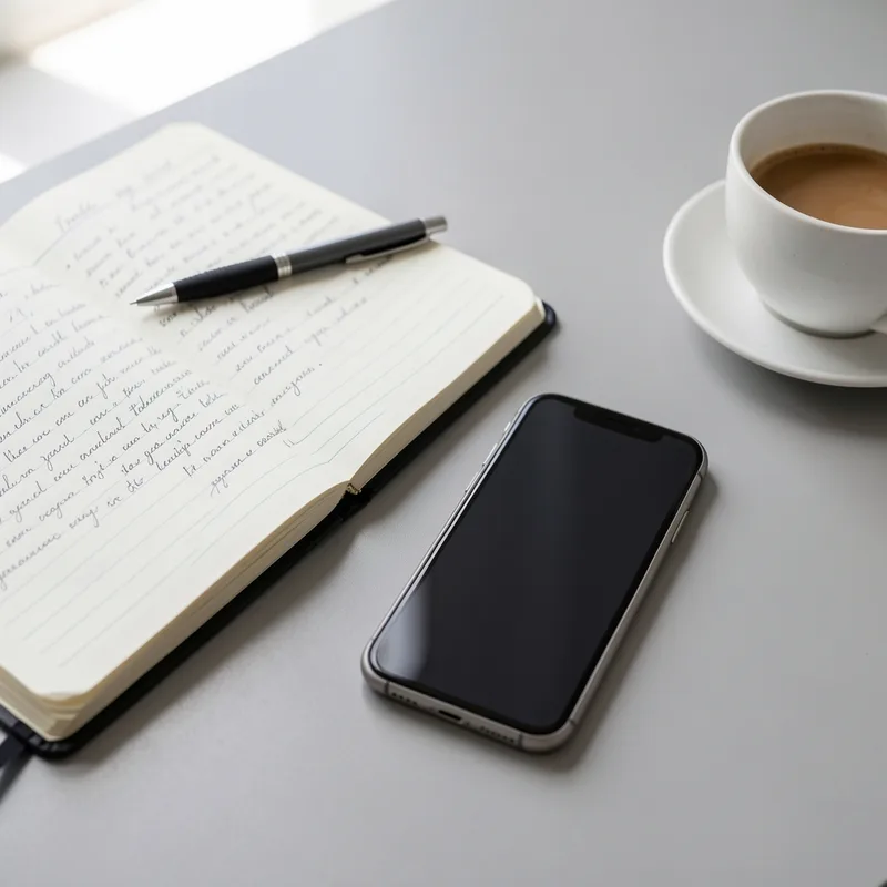 Téléphone posé près d&rsquo;un agenda ouvert et d&rsquo;une tasse de café sur un plan de travail sobre